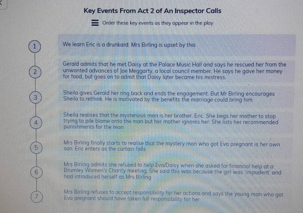 Solved: Key Events From Act 2 of An Inspector Calls Order these key ...