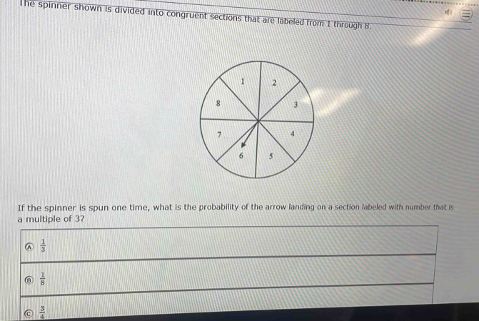 Solved: The spinner shown is divided into congruent sections that are ...