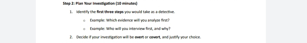 Plan Your Investigation (10 minutes) 
1. Identify the first three steps you would take as a detective. 
Example: Which evidence will you analyze first? 
Example: Who will you interview first, and why? 
2. Decide if your investigation will be overt or covert, and justify your choice.