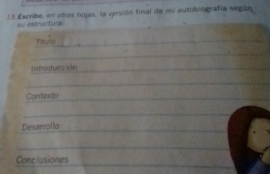 Escribo, en otras hojas, la versión final de mi autobiografía según
su estructura:
Título
Introducción
Contexto
Desarrollo
Conclusiones