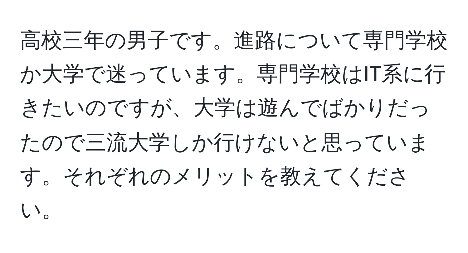 高校三年の男子です。進路について専門学校か大学で迷っています。専門学校はIT系に行きたいのですが、大学は遊んでばかりだったので三流大学しか行けないと思っています。それぞれのメリットを教えてください。