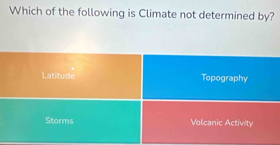 Which of the following is Climate not determined by?
Latitude Topography
Storms Volcanic Activity