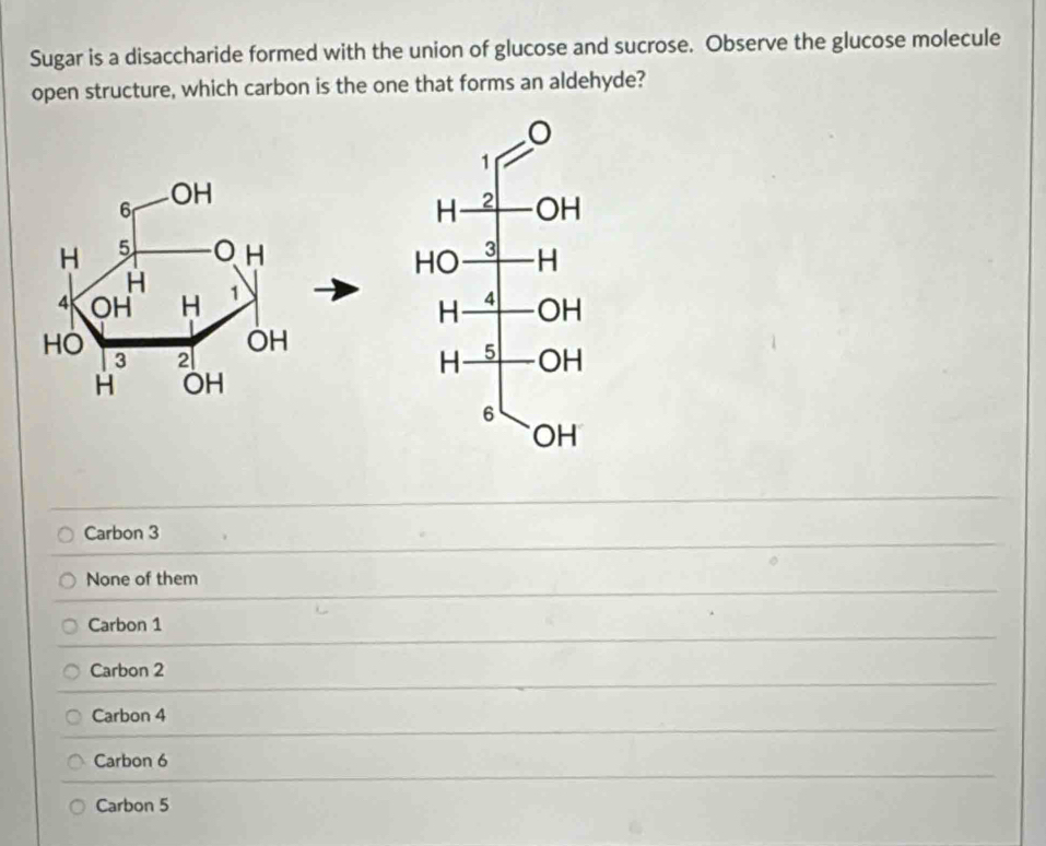 Sugar is a disaccharide formed with the union of glucose and sucrose. Observe the glucose molecule
open structure, which carbon is the one that forms an aldehyde?
OH
6
H 5 H
H
4 OH H 1
HO
OH
3 2
H OH
Carbon 3
None of them
Carbon 1
Carbon 2
Carbon 4
Carbon 6
Carbon 5