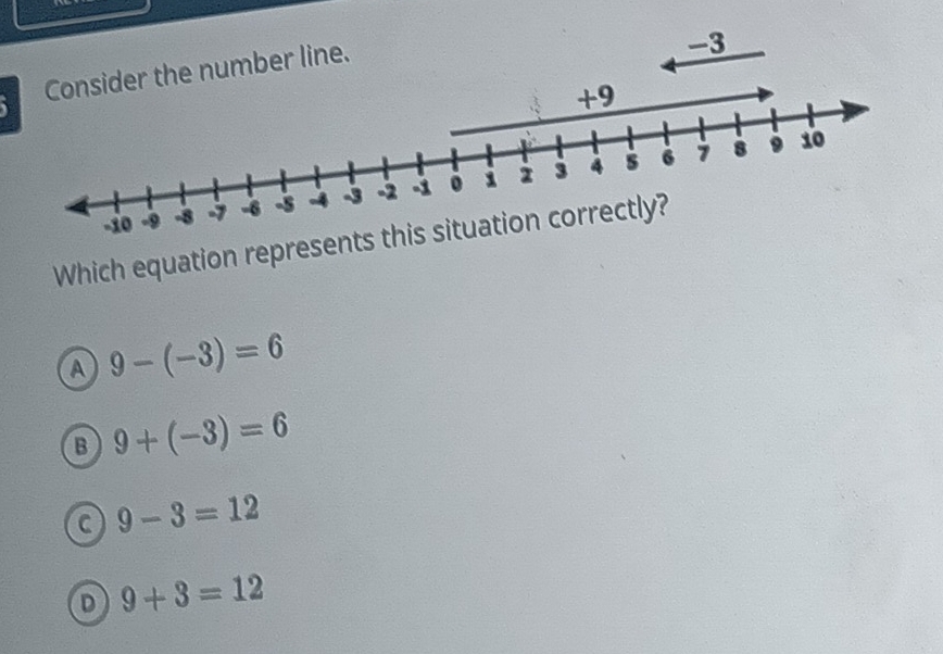 Which equation represents
a 9-(-3)=6
B 9+(-3)=6
a 9-3=12
D 9+3=12