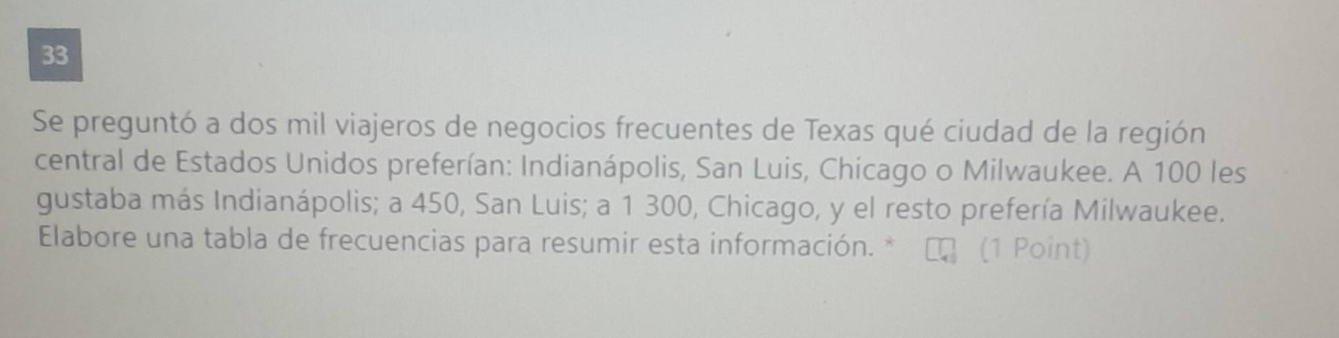 Se preguntó a dos mil viajeros de negocios frecuentes de Texas qué ciudad de la región 
central de Estados Unidos preferían: Indianápolis, San Luis, Chicago o Milwaukee. A 100 les 
gustaba más Indianápolis; a 450, San Luis; a 1 300, Chicago, y el resto prefería Milwaukee. 
Elabore una tabla de frecuencias para resumir esta información. * (1 Point)