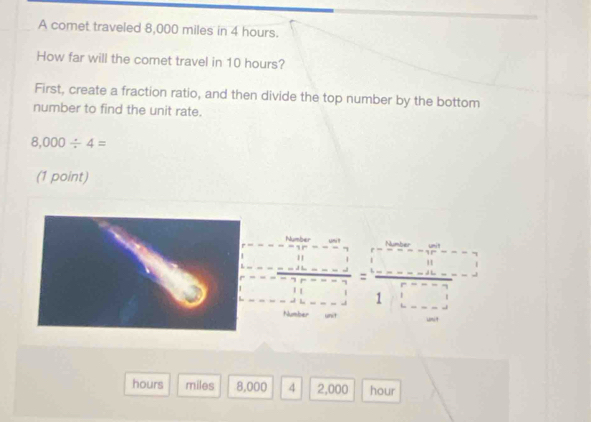 A comet traveled 8,000 miles in 4 hours. 
How far will the comet travel in 10 hours? 
First, create a fraction ratio, and then divide the top number by the bottom 
number to find the unit rate.
8,000/ 4=
(1 point) 
Number unit Number 
| 11 "
7
Number unit Unit
hours miles 8,000 4 2,000 hour