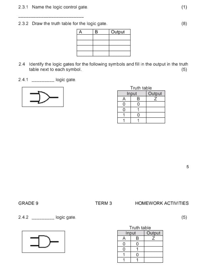 Name the logic control gate. 
(1) 
_ 
2.3.2 Draw the truth table for the logic gate. (8) 
2.4 Identify the logic gates for the following symbols and fill in the output in the truth 
table next to each symbol. (5) 
2.4.1 _logic gate. 
5 
GRADE 9 TERM 3 HOMEWORK ACTIVITIES 
2.4.2 _logic gate. 
(5) 
Truth table