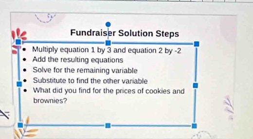 Fundraiser Solution Steps 
Multiply equation 1 by 3 and equation 2 by -2
Add the resulting equations 
Solve for the remaining variable 
Substitute to find the other variable 
What did you find for the prices of cookies and 
brownies?