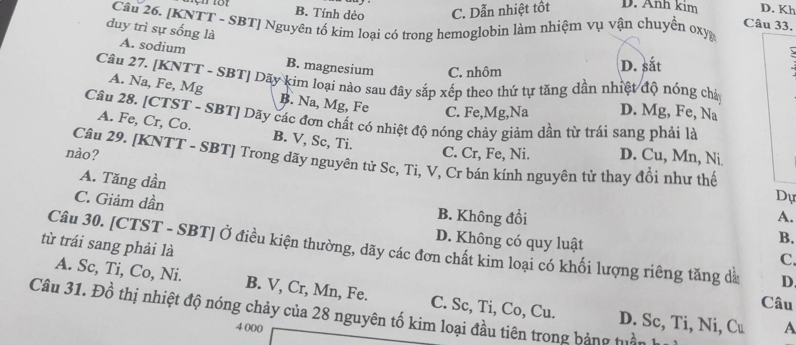 B. Tính dẻo C. Dẫn nhiệt tốt
D. Änh kim D. Kh
Câu 26. [KNTT - SBT] Nguyên tố kim loại có trong hemoglobin làm nhiệm vụ vận chuyển oxyg
Câu 33.
duy trì sự sống là
A. sodium
B. magnesium
C. nhôm D. sắt
Câu 27. [KNTT - SBT] Dãy kim loại nào sau đây sắp xếp theo thứ tự tăng dần nhiệt độ nóng chảy
A. Na, Fe, Mg B. Na, Mg, Fe
C. Fe, Mg, Na D. Mg, Fe, Na
Câu 28. [CTST - SBT] Dãy các đơn chất có nhiệt độ nóng chảy giảm dần từ trái sang phải là
A. Fe, Cr, Co. B. V, Sc, Ti.
nào? C. Cr, Fe, Ni. D. Cu, Mn, Ni.
Câu 29. [KNTT - SBT] Trong dãy nguyên tử Sc, Ti, V, Cr bán kính nguyên tử thay đổi như thế
A. Tăng dần
Dự
C. Giảm dần B. Không đổi
A.
B.
từ trái sang phải là
D. Không có quy luật C.
Câu 30. [CTST - SBT] Ở điều kiện thường, dãy các đơn chất kim loại có khối lượng riêng tăng dầy D
A. Sc, Ti, Co, Ni. B. V, Cr, Mn, Fe. C. Sc, Ti, Co, Cu.
Câu
Câu 31. Đồ thị nhiệt độ nóng chảy của 28 nguyên tố kim loại đầu tiên trong bảng tuànở
4 000
D. Sc, Ti, Ni, Cu A