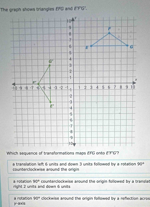 Solved: The graph shows triangles EFG and E'F'G'. Which sequence of ...