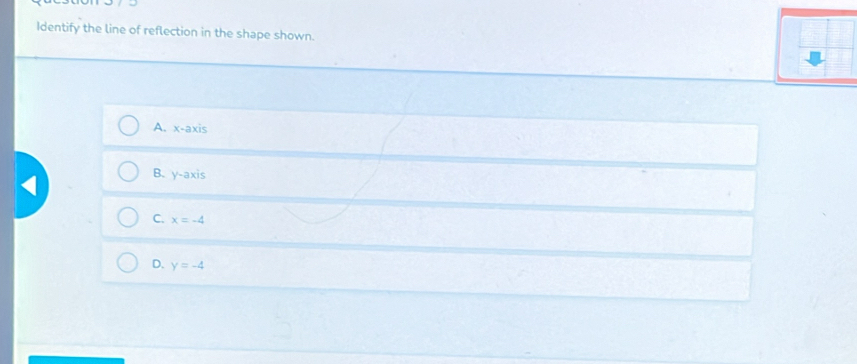 Identify the line of reflection in the shape shown.
A. x-axis
B. y-axis
C. x=-4
D. y=-4