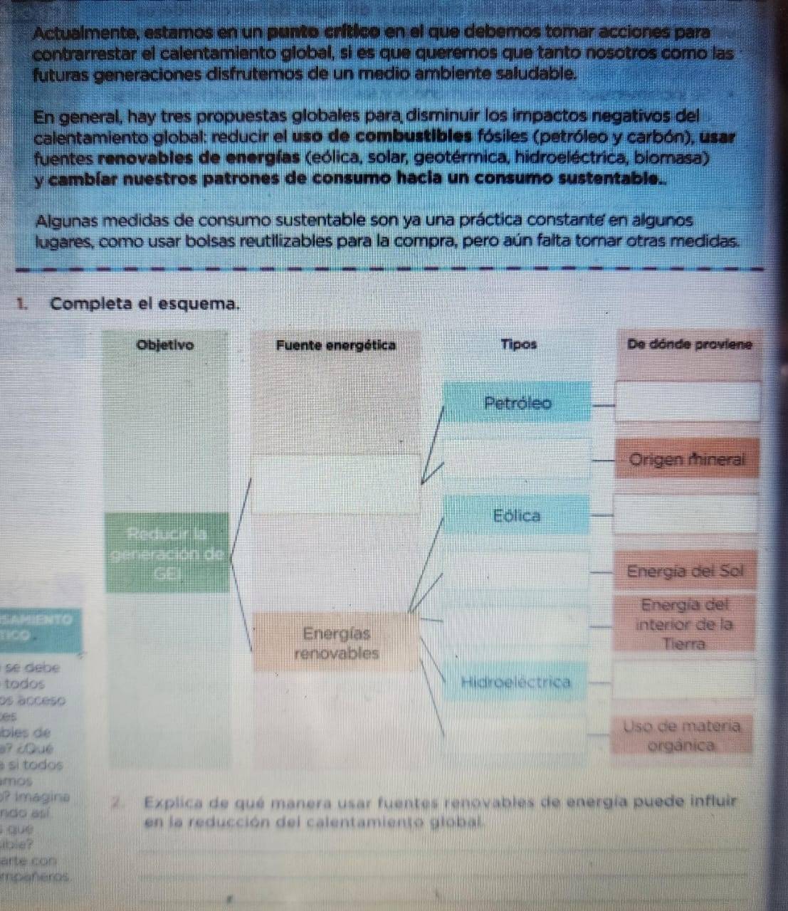 Actualmente, estamos en un punto crítico en el que debemos tomar acciones para 
contrarrestar el calentamiento global, si es que queremos que tanto nosotros como las 
futuras generaciones disfrutemos de un medio ambiente saludable. 
En general, hay tres propuestas globales para disminuir los impactos negativos del 
calentamiento global: reducir el uso de combustibles fósiles (petróleo y carbón), usar 
fuentes renovables de energías (eólica, solar, geotérmica, hidroeléctrica, biomasa) 
y cambíar nuestros patrones de consumo hacia un consumo sustentable.. 
Algunas medidas de consumo sustentable son ya una práctica constante en algunos 
lugares, como usar bolsas reutilizables para la compra, pero aún falta tomar otras medidas. 
1. Completa el esquema. 
SAMENT 
nco 
se debe 
todos 
os ácceso
65
bles de 
? ¿Qué 
sí todos 
imos 
? Imagina 
ndo así 2. Explica de qué manera usar fuentes renovables de energía puede influir 
qué 
en la reducción del calentamiento global. 
ble? 
arte con 
impañeros. 
_ 
_