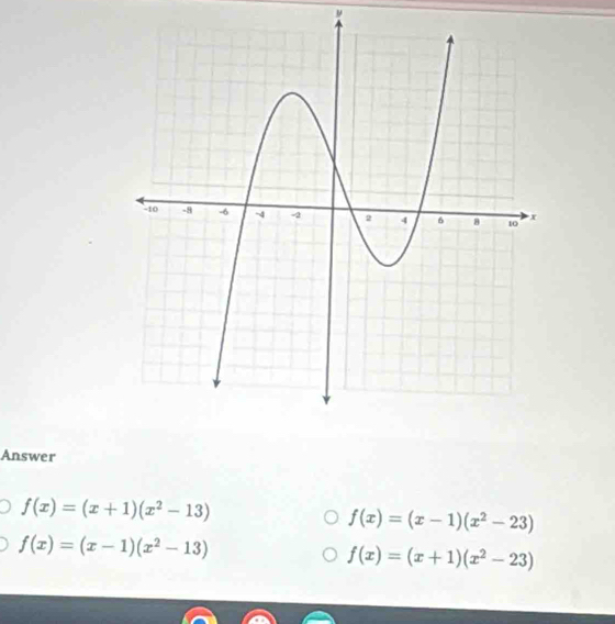 Answer
f(x)=(x+1)(x^2-13)
f(x)=(x-1)(x^2-23)
f(x)=(x-1)(x^2-13)
f(x)=(x+1)(x^2-23)