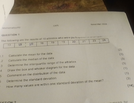 Matheratics/2 CAPS Nove mbe r 20 16 
QUESTION 1 
ere particpion in ane pes 
. ! Calculate the mean for the data 
2 Calculate the median of the data (1) 
3 Determine the interquartile range of the athletics (3) 
(3) 
4 Draw the box and whisker diagram for the data 
(1) 
5 Comment on the distribution of the dala 
(1) 
Determine the standard deviation 
How many values are within one standard deviation of the mean? (3) 
[14]