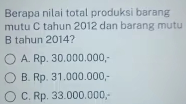 Berapa nilai total produksi barang
mutu C tahun 2012 dan barang mutu
B tahun 2014?
A. Rp. 30.000.000,-
B. Rp. 31.000.000,-
C. Rp. 33.000.000,-