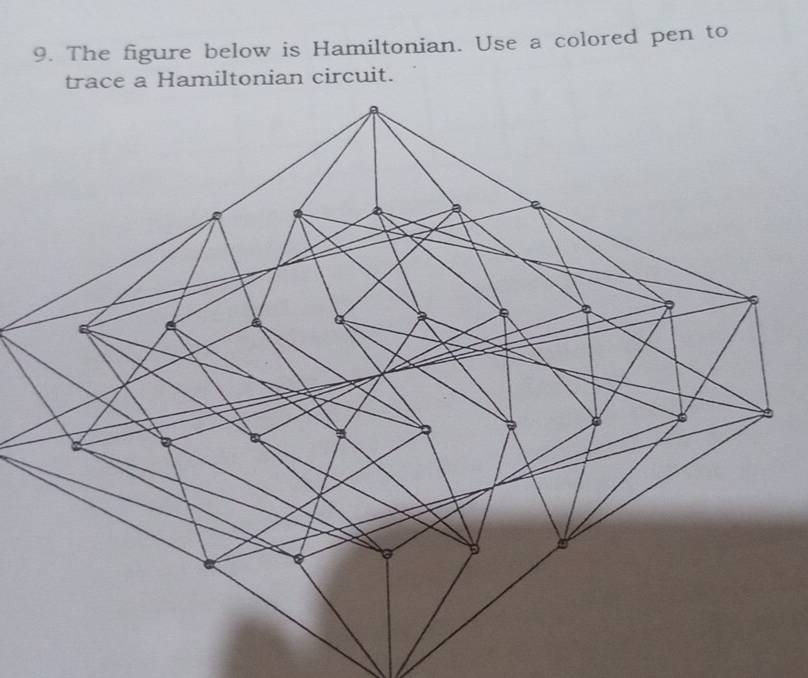 The figure below is Hamiltonian. Use a colored pen to 
trace a Hamiltonian circuit.