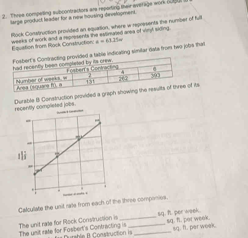 Three competing subcontractors are reporting their average work outpul l
large product leader for a new housing development.
Rock Construction provided an equation, where w represents the number of full
weeks of work and a represents the estimated area of vinyl siding.
Equation from Rock Construction: a=63.25w
cting provided a table indicating similar data from two jobs that
Durable B Construction provided a graph showing tof its
recently completed jobs.
on
Calculate the unit rate from each of the three companies.
The unit rate for Rock Construction is _sq. ft. per week.
The unit rate for Fosbert's Contracting is __sq. ft. per week.
Durable B Construction is sq. ft. per week.