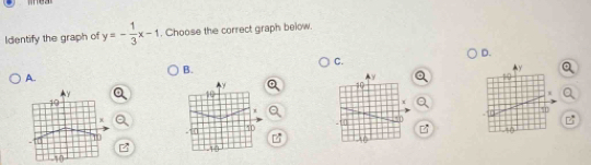 Identify the graph of y=- 1/3 x-1. Choose the correct graph below. 
D. 
C. 
B. 
A.