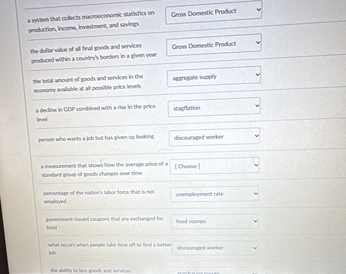 a system that collects macroeconomic statistics on Gross Domestic Product
production, income, investment, and savings
the dollar value of all final goods and services Gross Domestic Product
produced within a country's borders in a given year
the total amount of goods and services in the aggregate supply
economy available at all possible price levels
a decline in GDP combined with a rise in the price stagflation
level
person who wants a job but has given up looking discouraged worker
a measurement that shows how the average price of a [ Choose ]
standard group of goods changes over time
percentage of the nation's labor force that is not unemployment rate
employed
government-issued coupons that are exchanged for food stamps
food
what occurs when people take time off to find a better discouraged worker
job
the ability to buy goods and services