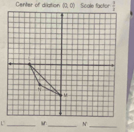 Center of dilation (0,0) Scale factor  3/2 
_M':_ N' : 
_