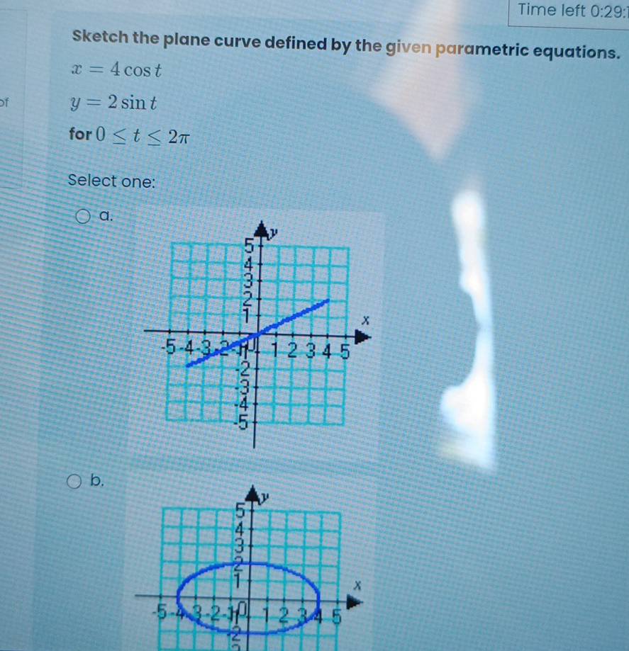 Time left 0:29: 
Sketch the plane curve defined by the given parametric equations.
x=4cos t
of y=2sin t
for 0≤ t≤ 2π
Select one: 
a. 
b.