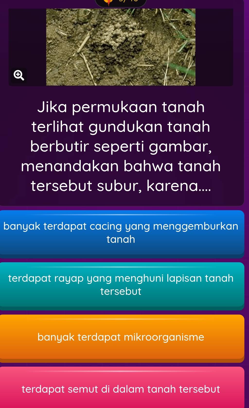 ④
Jika permukaan tanah
terlihat gundukan tanah
berbutir seperti gambar,
menandakan bahwa tanah
tersebut subur, karena....
banyak terdapat cacing yang menggemburkan
tanah
terdapat rayap yang menghuni lapisan tanah
tersebut
banyak terdapat mikroorganisme
terdapat semut di dalam tanah tersebut