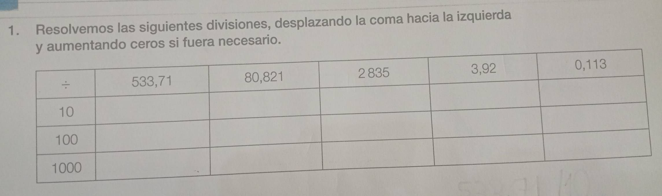 Resolvemos las siguientes divisiones, desplazando la coma hacia la izquierda 
ntando ceros si fuera necesario.