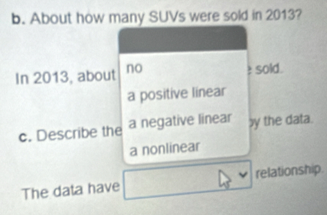 About how many SUVs were sold in 2013?
In 2013, about no sold.
a positive linear
c. Describe the a negative linear by the data.
a nonlinear
The data have relationship.