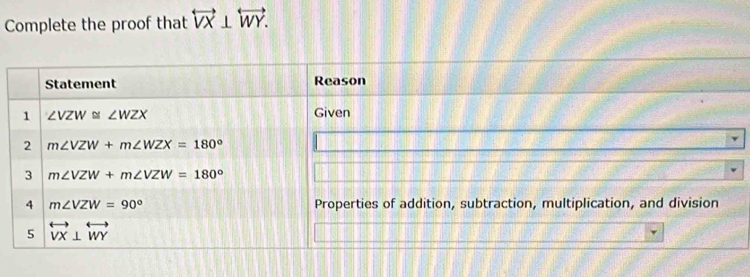 Complete the proof that overleftrightarrow VX⊥ overleftrightarrow WY.