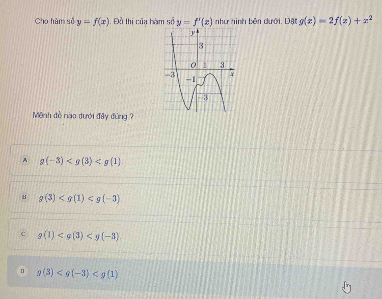 Cho hàm số y=f(x). Đồ thị của hàm số y=f'(x) như hình bên dưới. Đặt g(x)=2f(x)+x^2. 
Mệnh đề nào dưới đây đúng ?
A g(-3) .
B g(3) .
C g(1) .
D g(3) .