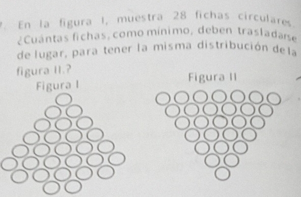 En la figura I, muestra 28 fichas circulares. 
¿Cuántas fichas, como mínimo, deben trasladarse 
de lugar, para tener la misma distribución de la 
figura II.? 
Figura II 
Figura I