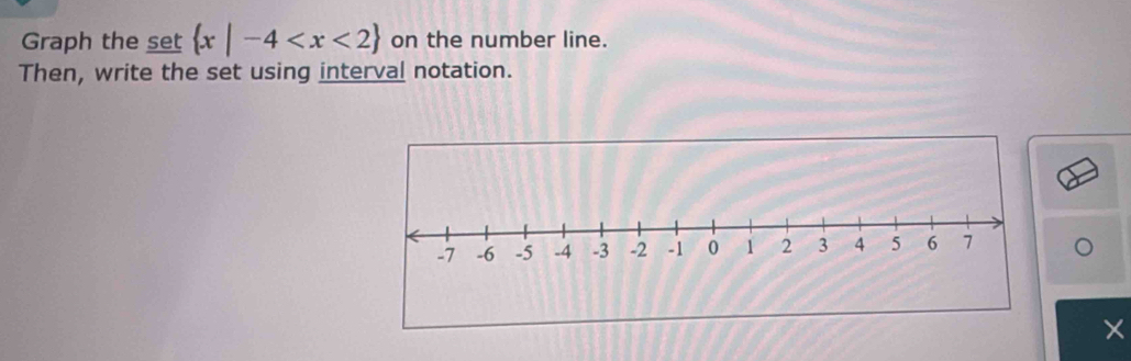 Graph the set  x|-4 on the number line. 
Then, write the set using interval notation.