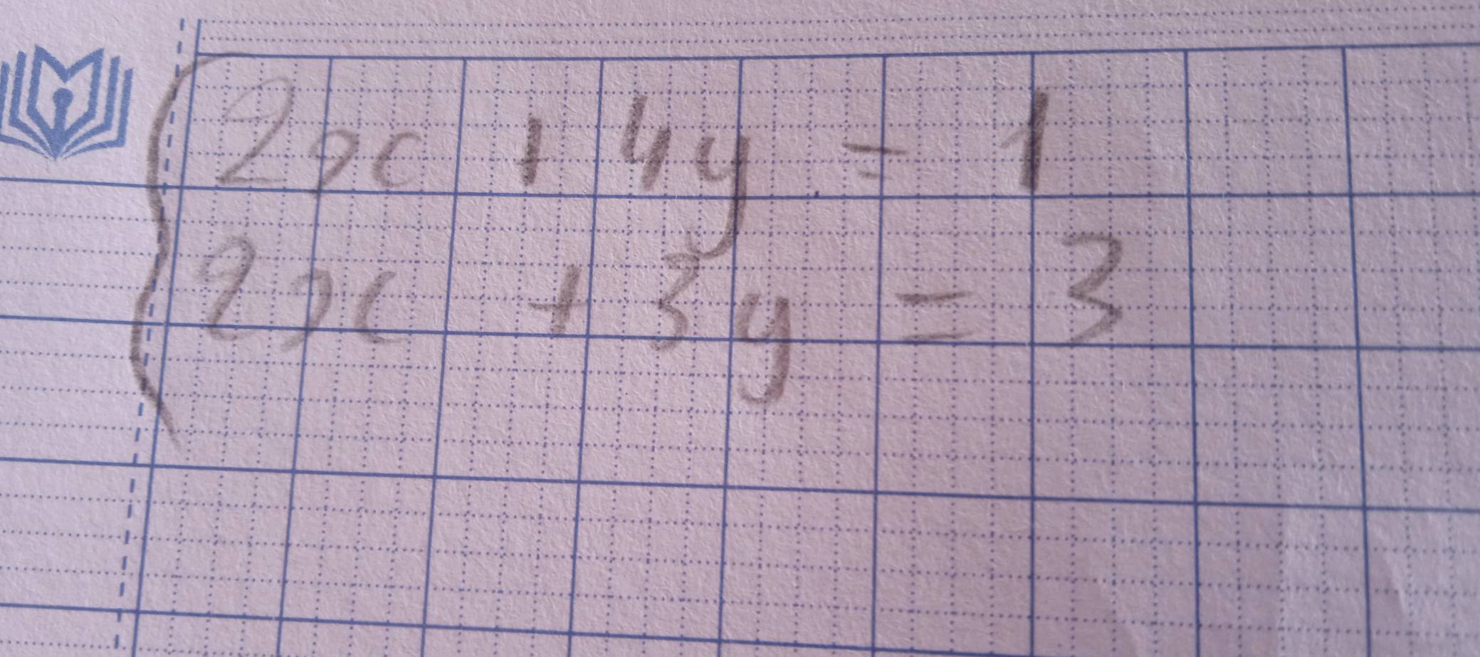 beginarrayl 2x.14y-1 2x.+3y=3endarray.