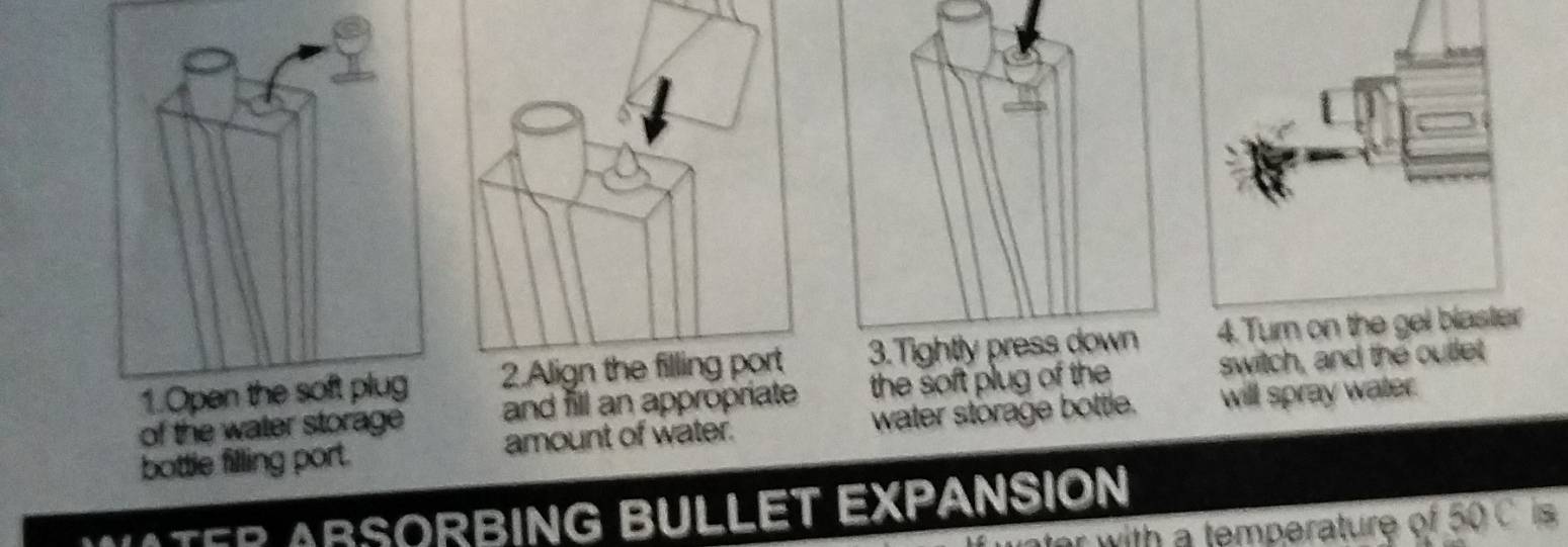 Tightly press down 4. Turn on the gel blaster 
of the water storage and fill an appropriate the soft plug of the switch, and the outlet 
bottle filling port. amount of water. water storage bottle. will spray water. 
ARSORBING BULLET EXPANSION 
r with a temperature of 50 C