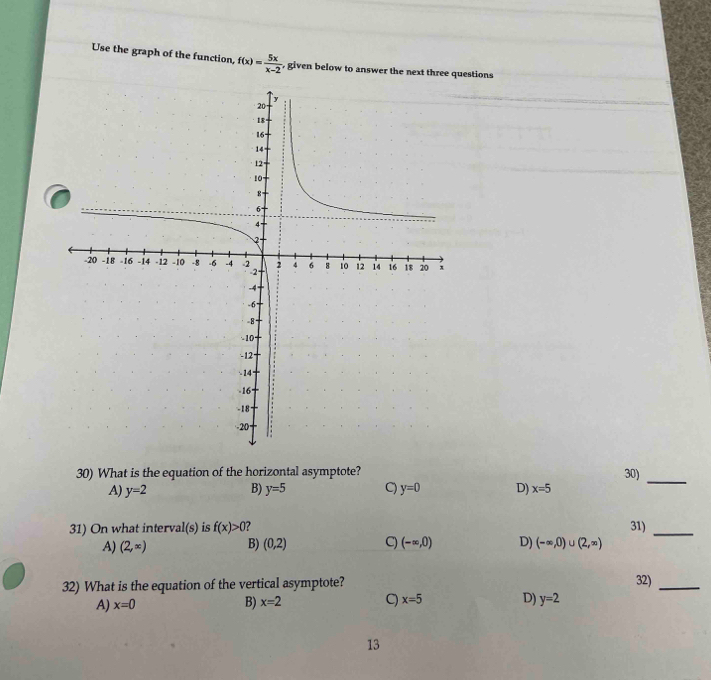 Use the graph of the function, f(x)= 5x/x-2  given below to answeruestions
30) What is the equation of the horizontal asymptote? 30)
A) y=2 B) y=5 C) y=0 D) x=5
_
31) On what interval(s) is f(x)>0 2 31)_
A) (2,∈fty ) B) (0,2) C) (-∈fty ,0) D) (-∈fty ,0)∪ (2,∈fty )
32) What is the equation of the vertical asymptote?
A) x=0 B) x=2 C) x=5 D) y=2 32)_
13