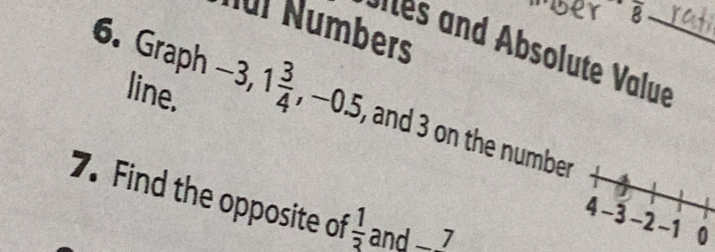 overline 8 
für Numbers 
b t V e_ 
line. 
6. Graph -3, 1 3/4 , -0.5 , and 3 on the numbe 
7. Find the opposite of  1/3  and _ 7
0