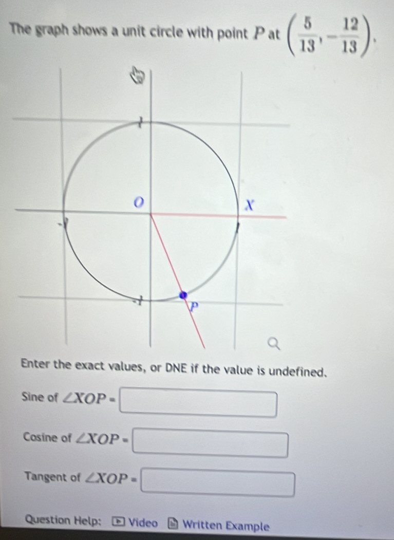 The graph shows a unit circle with point P at ( 5/13 ,- 12/13 ). 
Enter the exact values, or DNE if the value is undefined. 
Sine of ∠ XOP=□
Cosine of ∠ XOP=□
Tangent of ∠ XOP=□
Question Help: *Video * Written Example