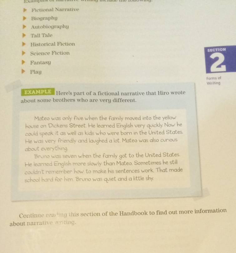 Exampos 
Fictional Narrative 
Biography 
Autobiography 
Tall Tale 
Historical Fiction 
Science Fiction sectiON 
Fantasy 2 
Play 
Forms of 
Writing 
EXAMPLE Here's part of a fictional narrative that Hiro wrote 
about some brothers who are very different. 
Mateo was only five when the family moved into the yellow 
house on Dickens Street. He learned English very quickly. Now he 
could speak it as well as kids who were born in the United States. 
He was very friendly and laughed a lot. Mateo was also curious 
about everything. 
Brono was seven when the family got to the United States. 
He learned English more slowly than Mateo. Sometimes he still 
couldn't remember how to make his sentences work. That made 
school hard for him. Bruno was quiet and a little shy. 
Continue reading this section of the Handbook to find out more information 
about narrative writing.