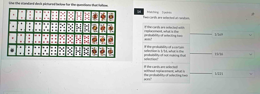 Use the standard deck pictured below for the questions that follow. 
14 Matching 3 points 
Two cards are selected at random. 
If the cards are selected with 
replacement, what is the 
probability of selecting two 1/169
aces? 
If the probability of a certain 
selection is 1/16, what is the 
probability of not making that 15/16
selection? 
If the cards are selected 
without replacement, what is 
the probability of selecting two 1/221
aces?