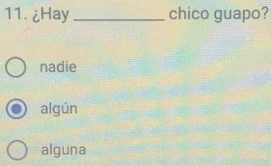 ¿Hay _chico guapo?
nadie
algún
alguna