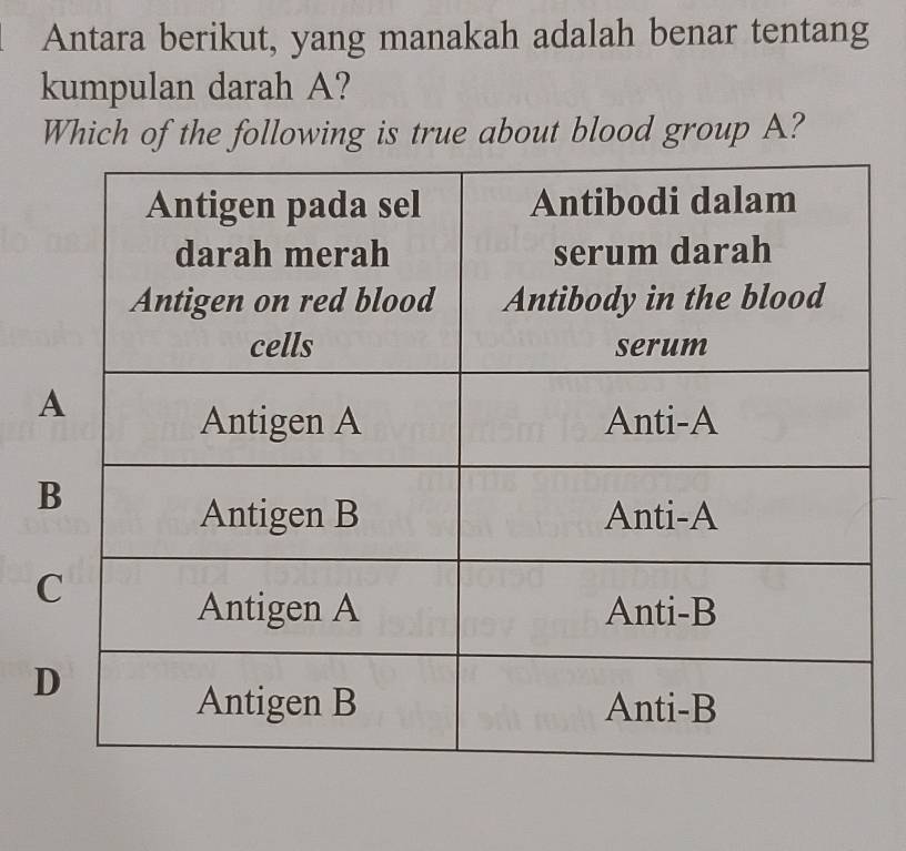 Antara berikut, yang manakah adalah benar tentang
kumpulan darah A?
Which of the following is true about blood group A?
A
B
C
D