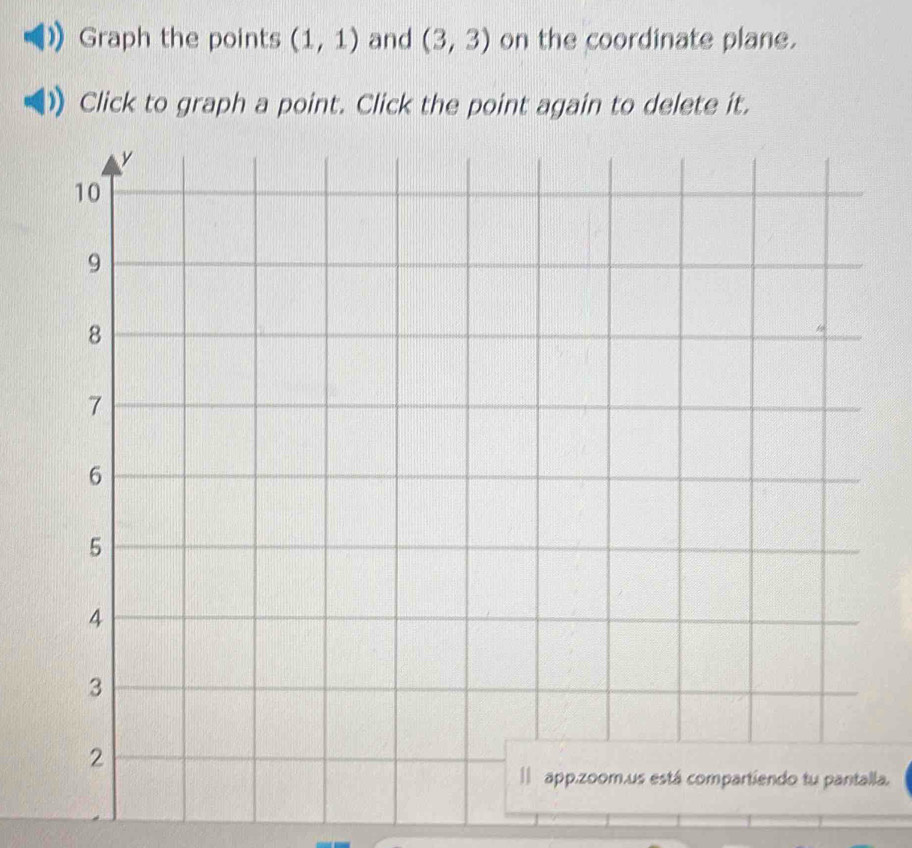 Graph the points (1,1) and (3,3) on the coordinate plane. 
Click to graph a point. Click the point again to delete it. 
la.