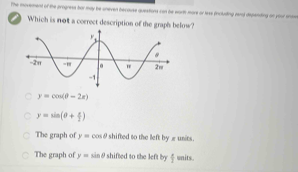 The movement of the progress bar may be uneven because questions can be worth more or less (including zero) depending on your answ
Which is not a correct description of the graph below?
y=cos (θ -2π )
y=sin (θ + π /2 )
The graph of y=cos θ shifted to the left by π units.
The graph of y=sin θ shifted to the left by  π /2  units.