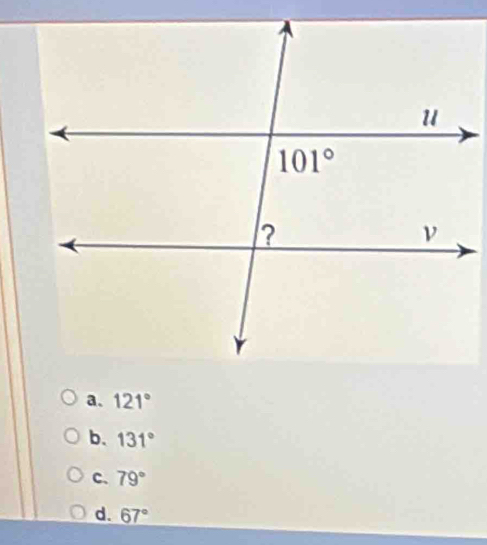 a. 121°
b. 131°
c. 79°
d. 67°