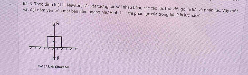 Theo định luật III Newton, các vật tương tác với nhau bằng các cặp lực trực đối gọi là lực và phản lực. Vậy một 
vật đặt nằm yên trên mặt bàn nằm ngang như Hình 11.1 thì phản lực của trọng lực P là lực nào?
vector N
/ I
vector P
Hình 11.1. Vật đặt trên bàn