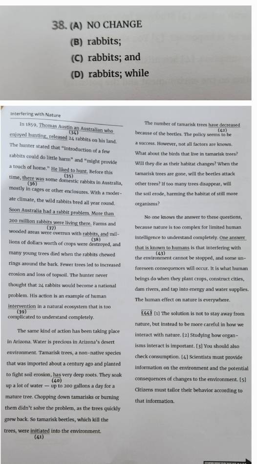 NO CHANGE
(B) rabbits;
(C) rabbits; and
(D) rabbits; while
Interfering with Nature
The number of tamarisk trees have decreased
In 1859, Thomas Austin an Australian who (34) because of the beetles. The policy seems to be
(42)
enjoyed hunting, released 24 rabbits on his land
a success. However, not all factors are known.
The hunter stated that "introduction of a few What about the birds that live in tamarisk trees?
rabbits could do little harm” and “might provide Will they die as their habitat changes? When the
a touch of home." He liked to hunt. Before this tamarisk trees are gone, will the beetles attack
(35)
time, there was some domestic rabbits in Australia, other trees? If too many trees disappear, will
(36)
mostly in cages or other enclosures. With a moder- the soil erode, harming the habitat of still more
ate climate, the wild rabbits bred all year round. organisms?
Soon Australia had a rabbit problem. More than No one knows the answer to these questions,
200 million rabbits were living there. Farms and because nature is too complex for limited human
(37)
wooded areas were overrun with rabbits, and mil-
lions of dollars worth of crops were destroyed, and (38) intelligence to understand completely. One answer
that is known to humans is that interfering with
(43)
many young trees died when the rabbits chewed the environment cannot be stopped, and some un-
rings around the bark. Fewer trees led to increased foreseen consequences will occur. It is what human
erosion and loss of topsoil. The hunter never beings do when they plant crops, construct cities,
thought that 24 rabbits would become a national dam rivers, and tap into energy and water supplies.
problem. His action is an example of human The human effect on nature is everywhere.
intervention in a natural ecosystem that is too
(39)
complicated to understand completely (44) [1] The solution is not to stay away from
nature, but instead to be more careful in how we
The same kind of action has been taking place interact with nature. [2] Studying how organ-
in Arizona. Water is precious in Arizona's desert isms interact is important. [3] You should also
environment. Tamarisk trees, a non-native species check consumption. [4] Scientists must provide
that was imported about a century ago and planted information on the environment and the potential
to fight soil erosion, has very deep roots. They soak consequences of changes to the environment. [5]
(40)
up a lot of water — up to 200 gallons a day for a Citizens must tailor their behavior according to
mature tree. Chopping down tamarisks or burning that information.
them didn’t solve the problem, as the trees quickly
grew back. So tamarisk beetles, which kill the
trees, were initiated into the environment.
(41)