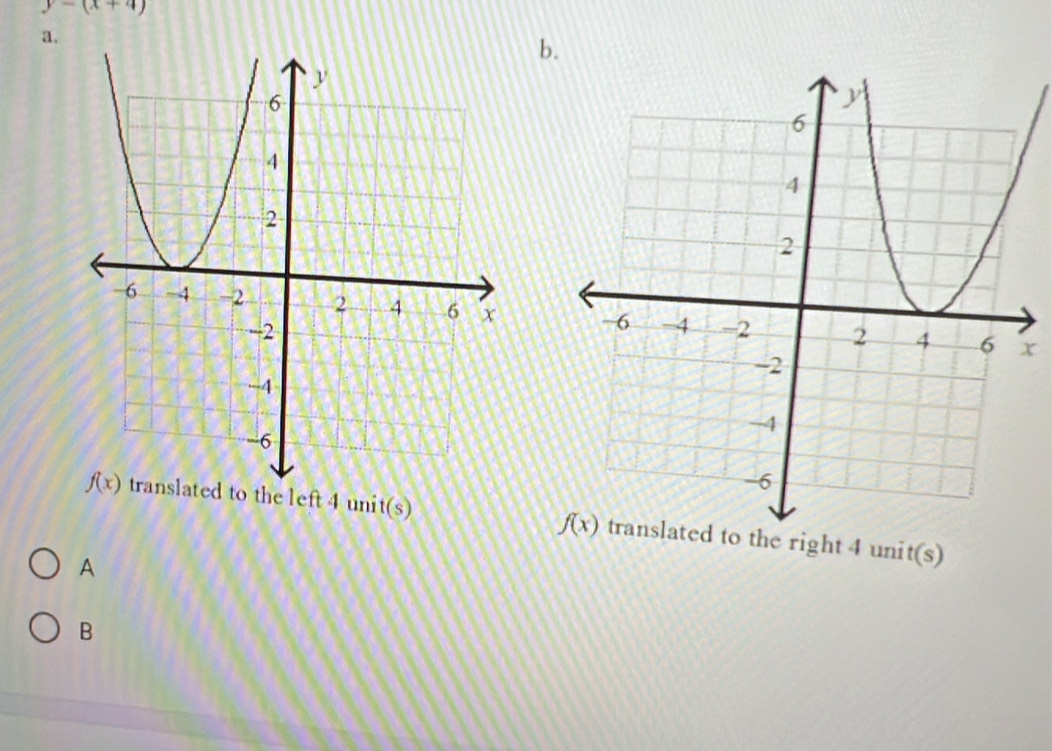 y-(x+4)
a.
b.
 
x
translated to the left 4 unit(s)  the right 4 unit(s)
A
B