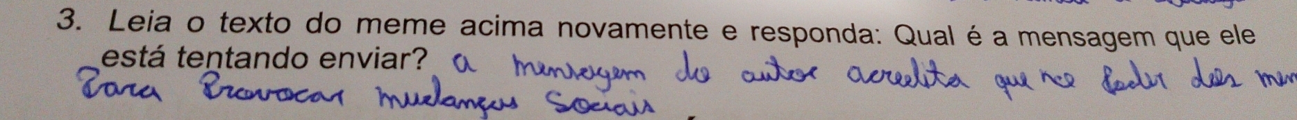 Leia o texto do meme acima novamente e responda: Qual éa mensagem que ele 
está tentando enviar?