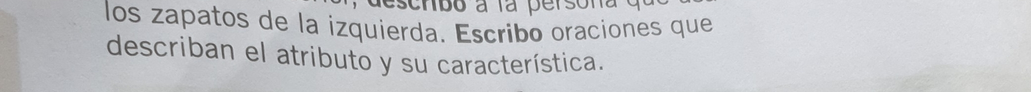 escnbo à la persona 
los zapatos de la izquierda. Escribo oraciones que 
describan el atributo y su característica.