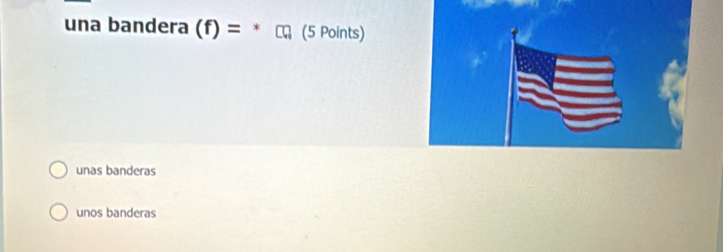 Solved: una bandera (f)=* (5 Points) unas banderas unos banderas [Math]